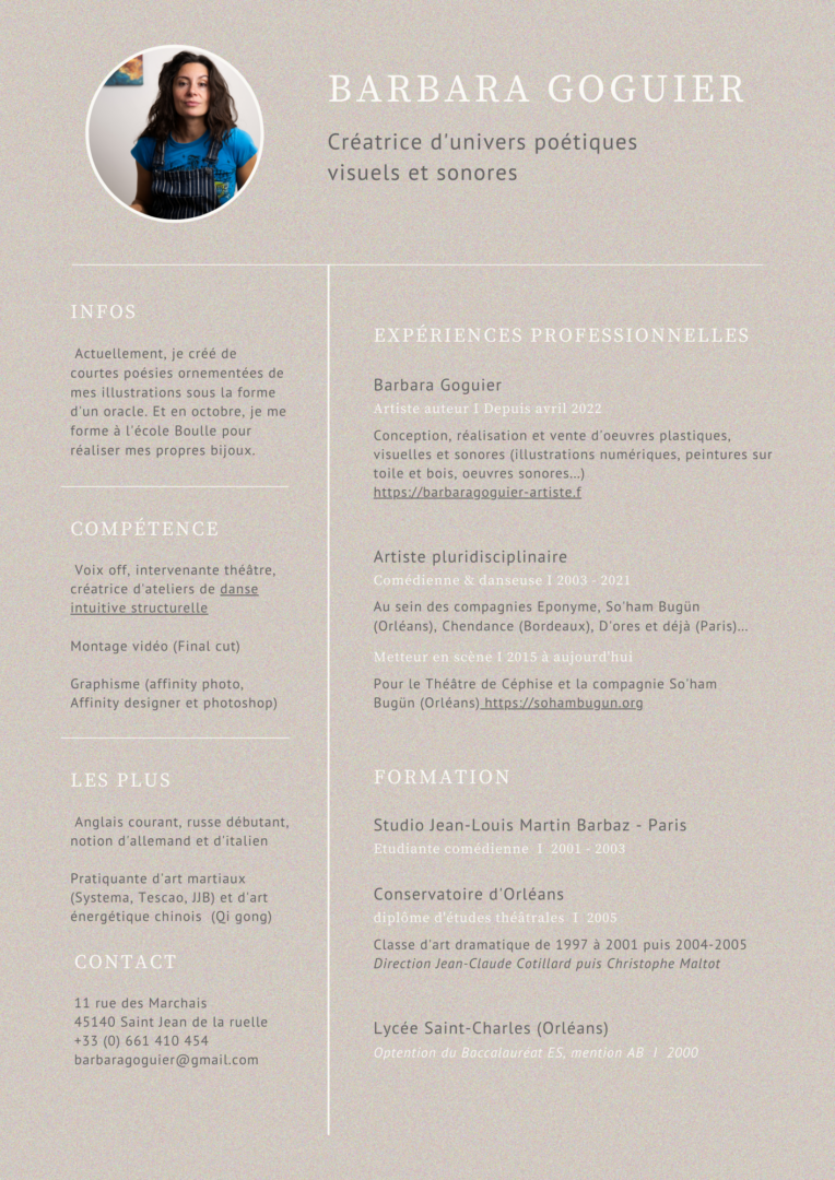 CV de l'artiste Barbara Goguier - Artiste pluridisciplinaire basée à Orléans - Région centre val de Loire (45)